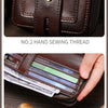 Close-up of a brown genuine leather wallet showing hand sewing thread and a multi-card design.