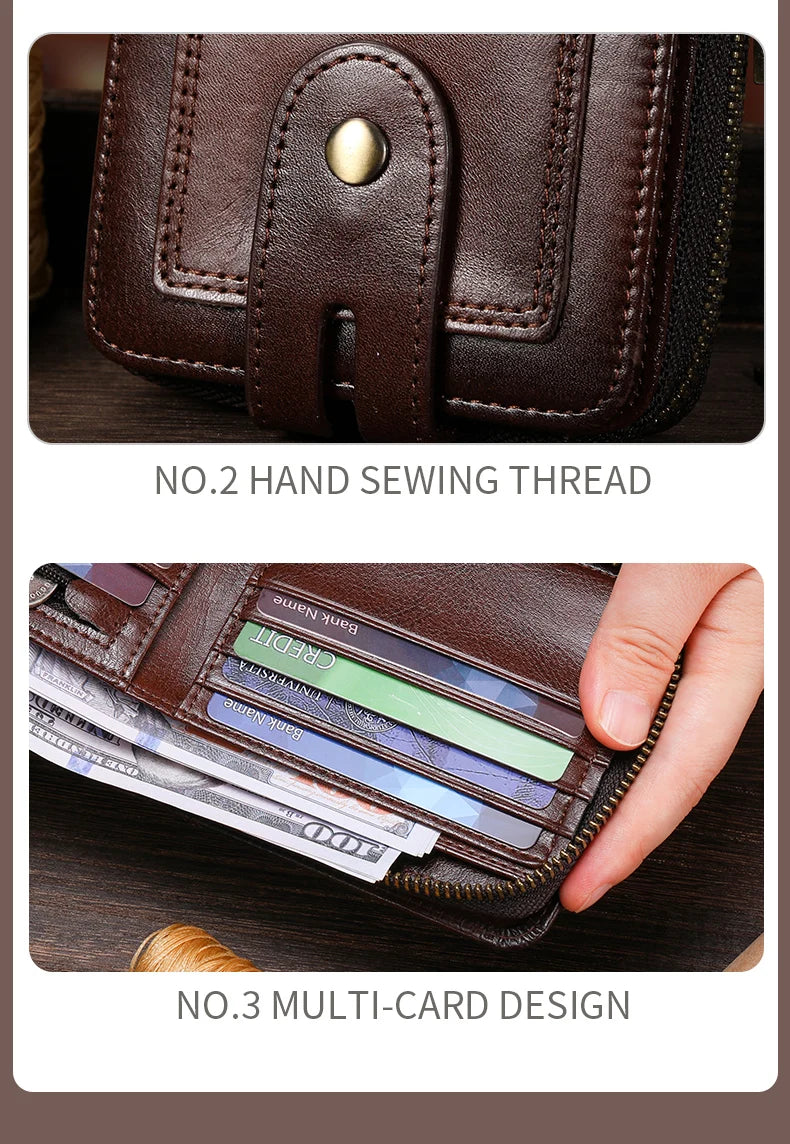 Close-up of a brown genuine leather wallet showing hand sewing thread and a multi-card design.