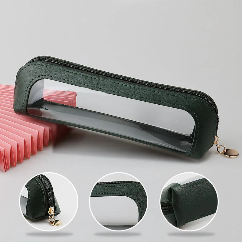 A dark green portable transparent cosmetic organizer pouch shown in various angles.