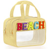 A light yellow clear makeup bag featuring a chenille letter BEACH design.
