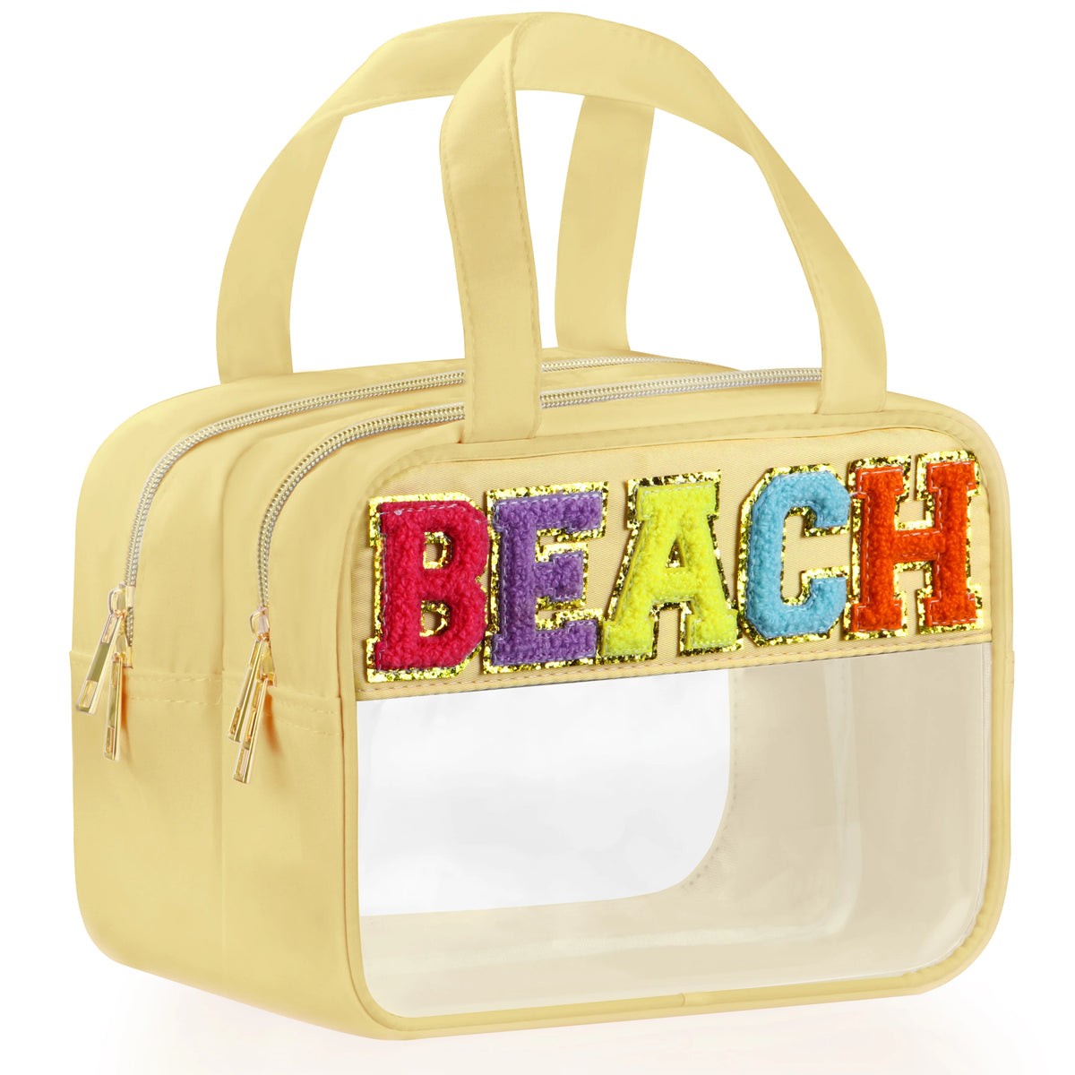 A light yellow clear makeup bag featuring a chenille letter BEACH design.