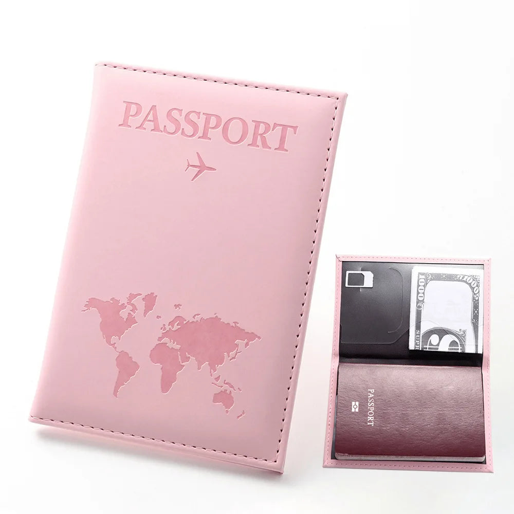 A pink passport wallet made of PU leather with a clear view of the inside containing a passport and cards.