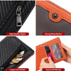 A black carbon fiber RFID-blocking bi-fold wallet showing details like a high quality zipper, strong metal button, and large 