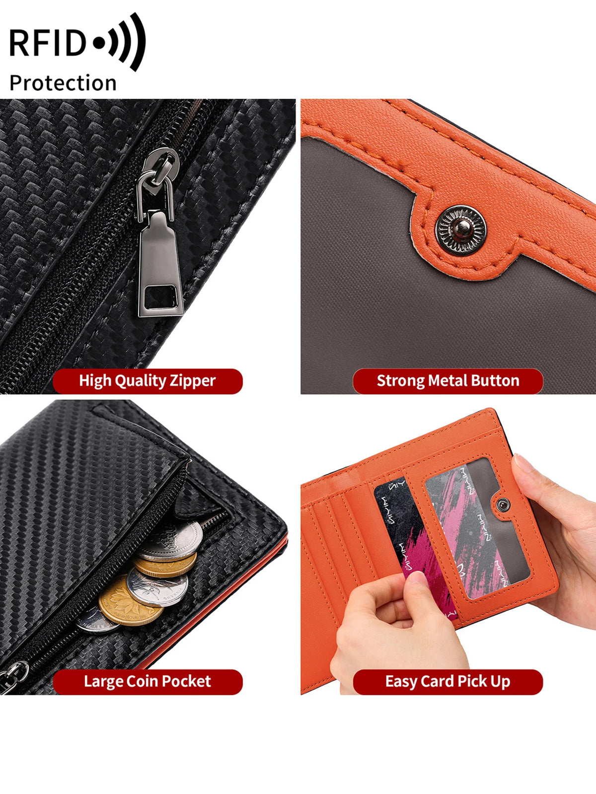 A black carbon fiber RFID-blocking bi-fold wallet showing details like a high quality zipper, strong metal button, and large 