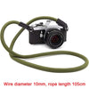 A black camera mounted on a green rope strap with a 10mm wire diameter and 105cm length.
