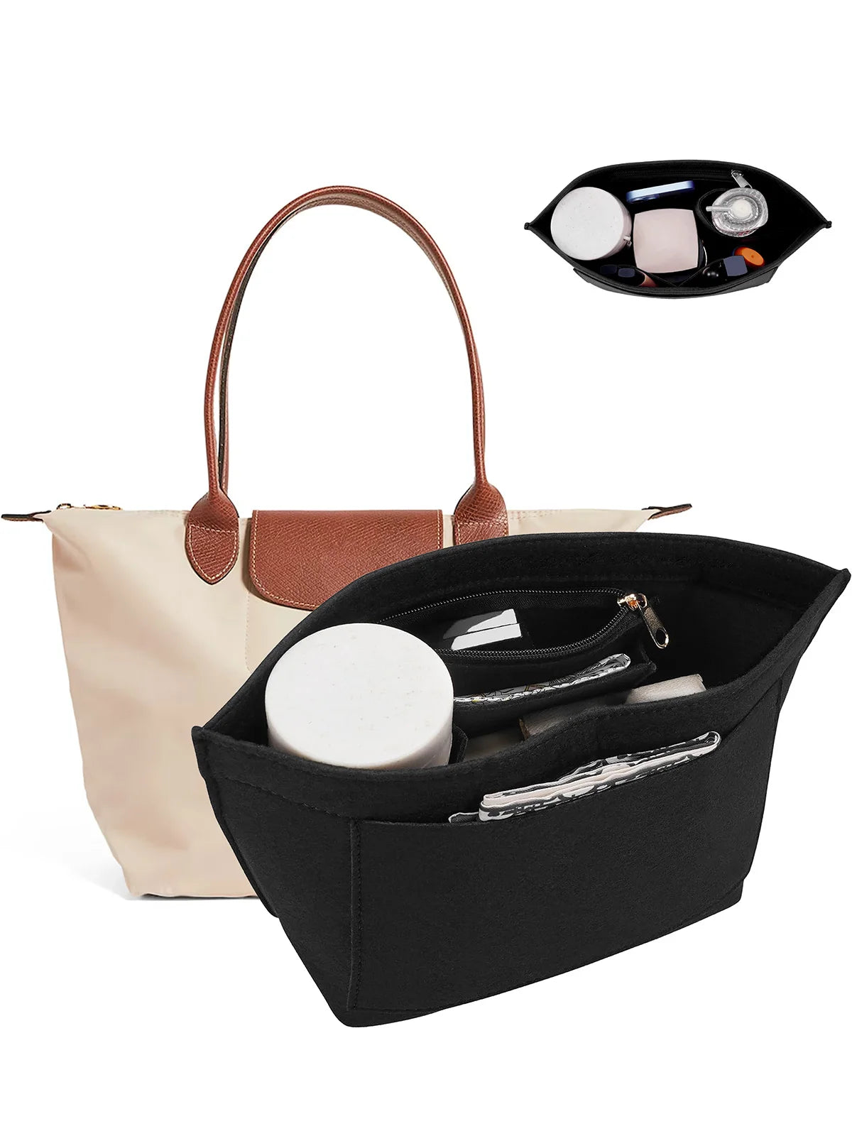 A black felt organizer insert is shown inside a light beige handbag, with cosmetic items visible on top.
