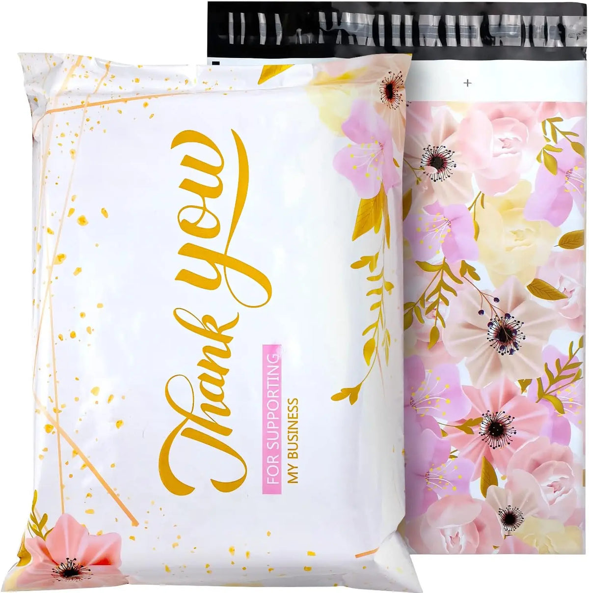 White poly mailer bag with gold lettering and a floral pattern featuring pink and yellow flowers.