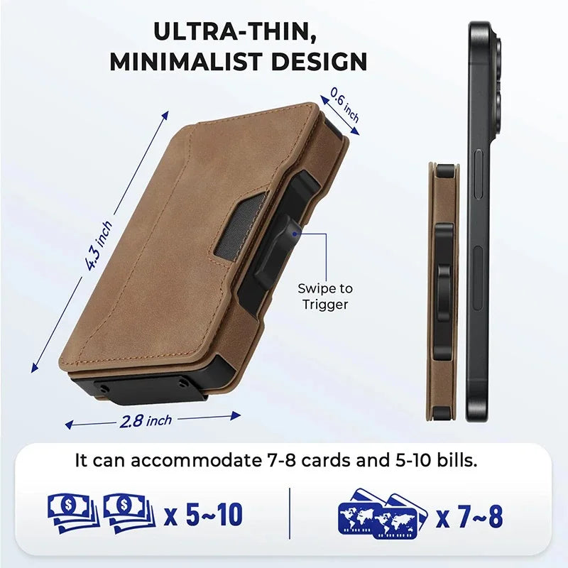 Cartera delgada minimalista de cuero marrón que muestra sus características y capacidad para tarjetas y billetes.