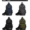 Four versions of a men's multifunctional chest bag for sports and hiking in navy, gray, black, and olive green.