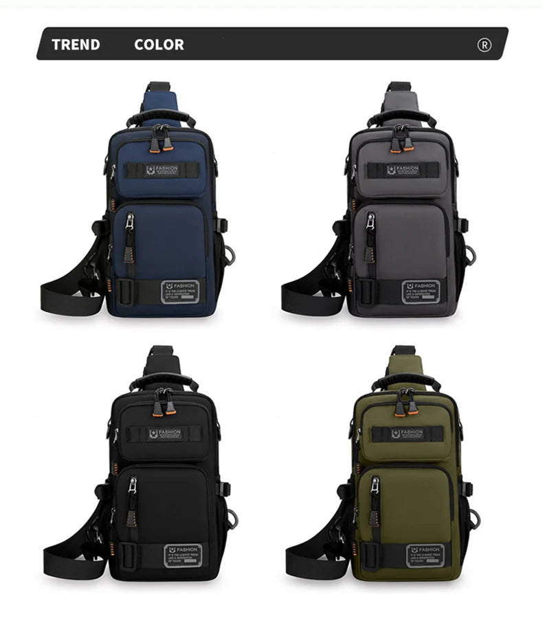 Four versions of a men's multifunctional chest bag for sports and hiking in navy, gray, black, and olive green.
