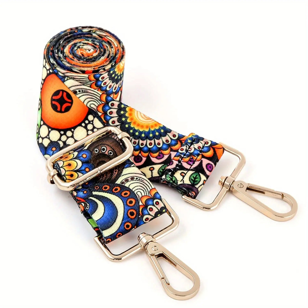 A rolled adjustable nylon crossbody bag strap featuring a colorful, patterned design.