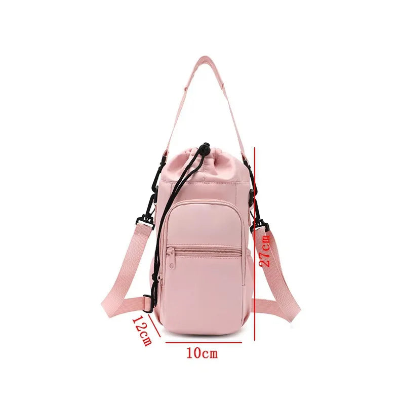A pink insulated water bottle crossbody bag with a phone pocket shown from the front.