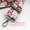 Close-up of a pink and cream jacquard patterned strap with silver hardware for an adjustable crossbody bag.