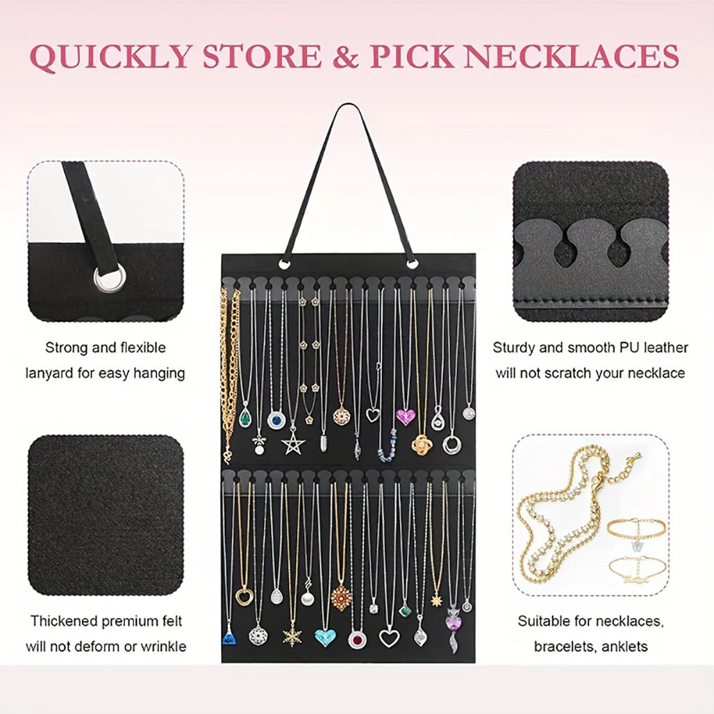 A black fabric organizer with multiple strands of necklaces and jewelry displayed for easy storage and picking.