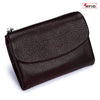 A dark burgundy genuine leather mini card holder wallet with a zippered closure.