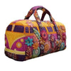 A purple and yellow quilted travel duffle bag decorated with colorful floral embroidery.