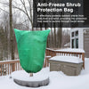 A green anti-freeze shrub protection bag is displayed in a snowy outdoor setting.