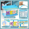 Clear plastic toiletry bag with glittery letters spelling MEDS and a portable handle
