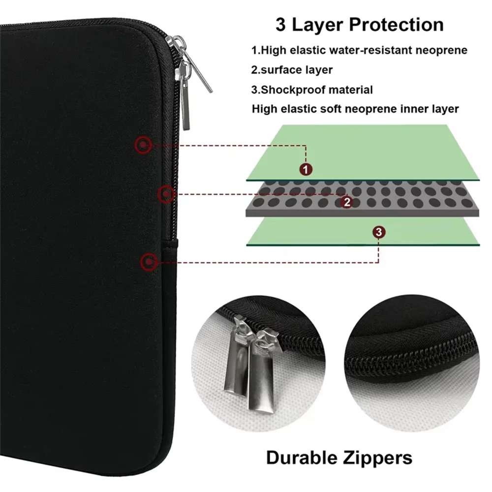 Black laptop sleeve featuring a zipper and 3-layer protection design with durable zippers.