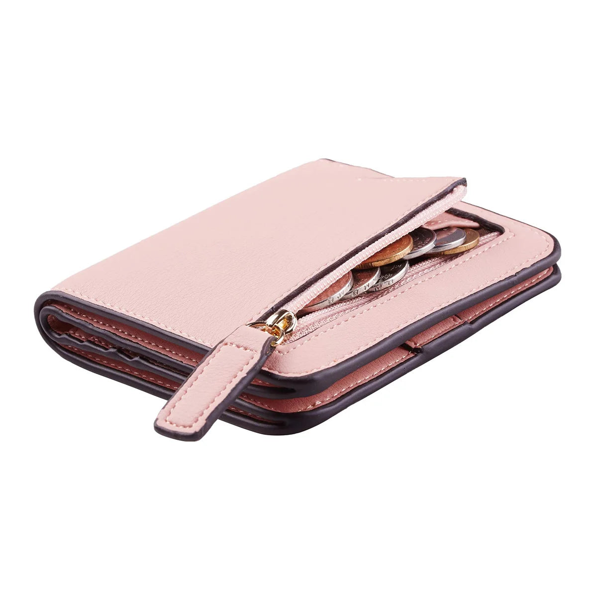 A pink compact bi-fold leather wallet with a dark brown trim and gold-toned coins visible inside.