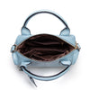 A light blue faux leather Boston handbag with a brown lining and gold hardware.