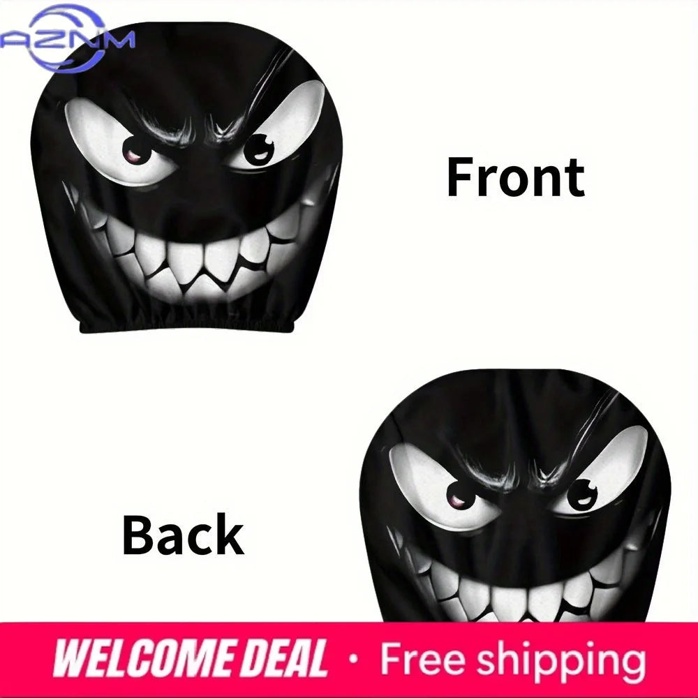 Housses décoratives pour tête de voiture noires montrant un visage de monstre menaçant de face et de dos