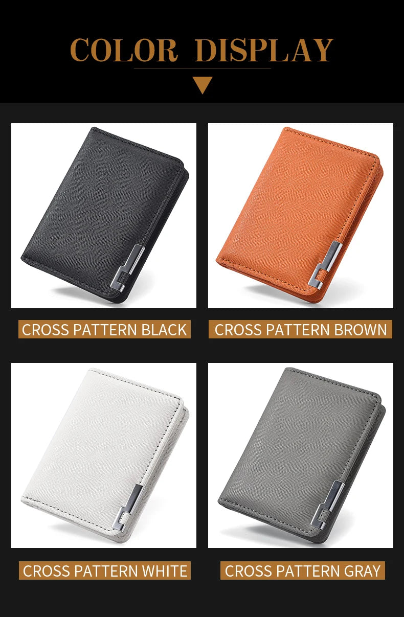 A display of five cross-pattern card wallets in black, brown, white, and gray.