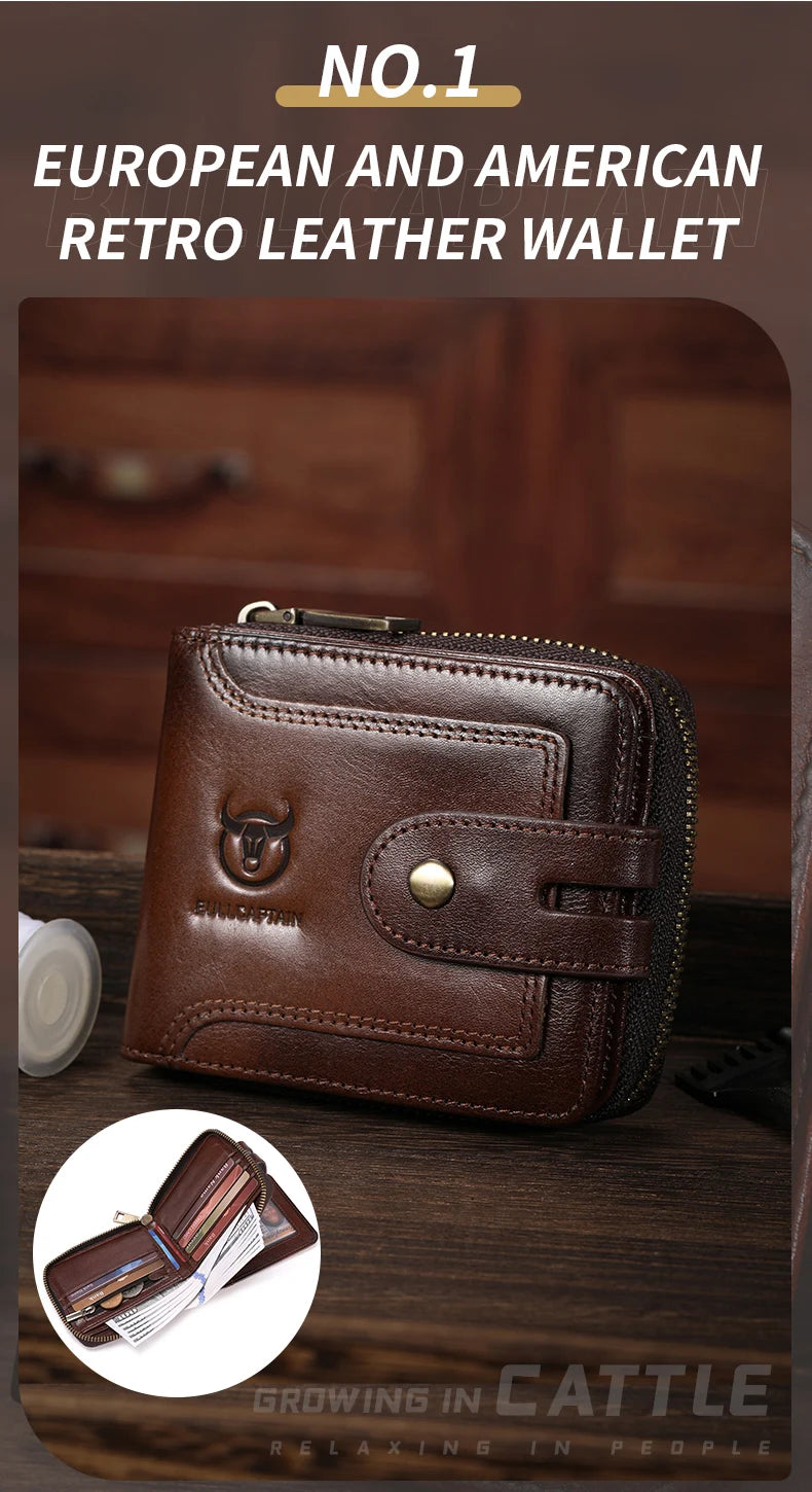 A brown leather wallet is shown open, displaying a striped design, resting on a wooden surface.