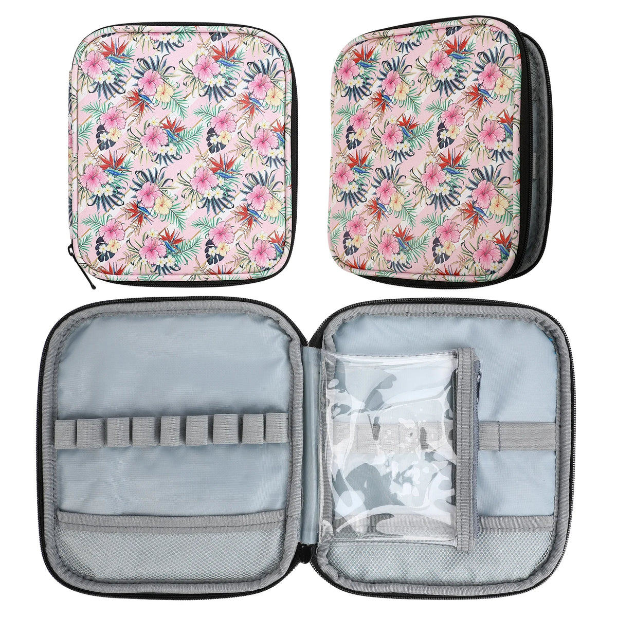 A light green crochet hook and sewing accessories storage bag shown in various views.