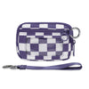 A purple checkered zippered wallet with a clear window and a silver keychain strap.