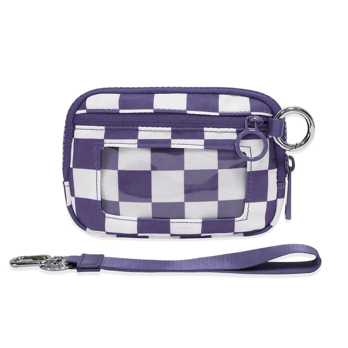 A purple checkered zippered wallet with a clear window and a silver keychain strap.