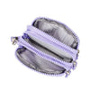 A purple compact three-layer nylon zipper pouch with a textured lining is shown open.