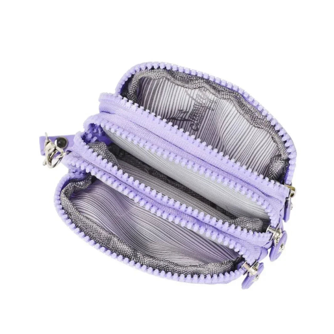 A purple compact three-layer nylon zipper pouch with a textured lining is shown open.