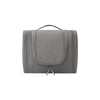 A gray waterproof hanging toiletry bag with a handle and strap.