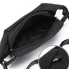 Schwarze minimalistische Lauf-Bauchtasche von oben mit Reißverschlussdetails