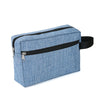 A light blue fabric cosmetic bag with black trim and a black strap.