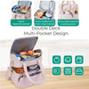 Bolsa de almuerzo rosa con múltiples bolsillos y doble compartimento para comida y accesorios.