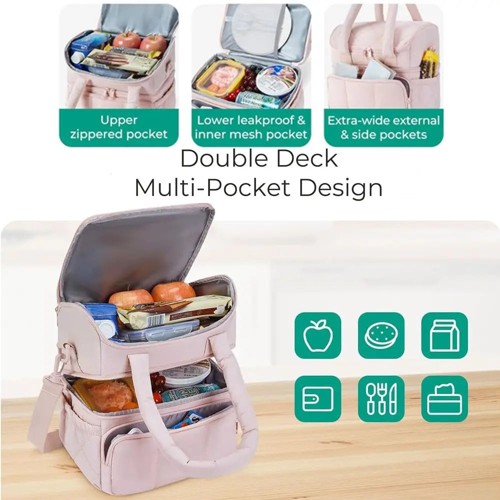 Bolsa de almuerzo rosa con múltiples bolsillos y doble compartimento para comida y accesorios.