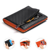 A black and orange RFID-blocking bi-fold wallet with a carbon fiber texture shown in various angles.