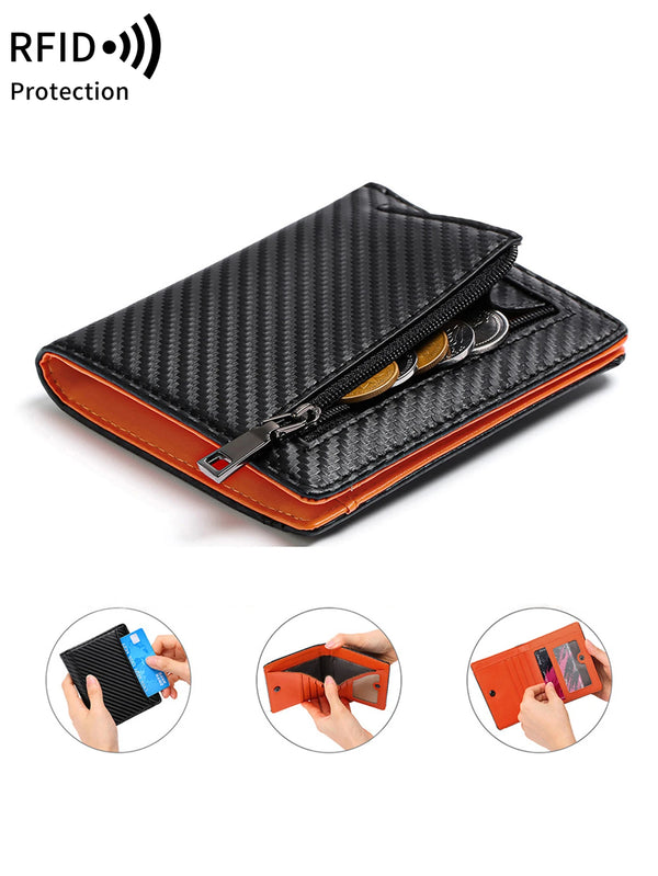 A black and orange RFID-blocking bi-fold wallet with a carbon fiber texture shown in various angles.