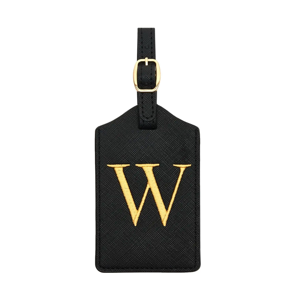 Black PU leather luggage tag with a gold letter W and a metal loop for attachment
