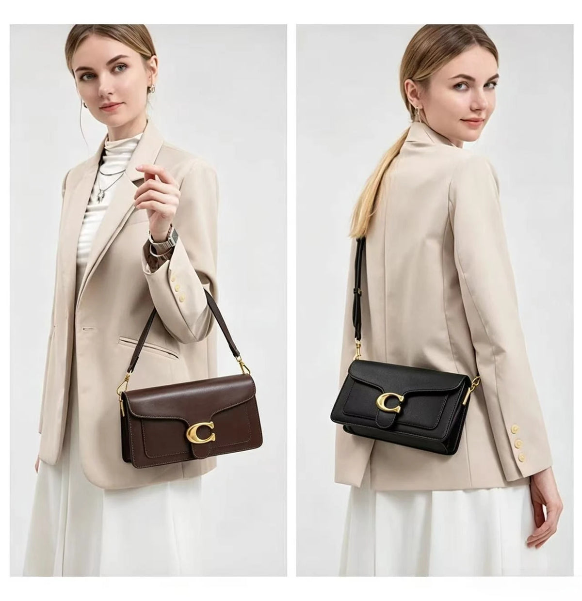 A woman models a beige blazer and white skirt while carrying a black leather shoulder bag with gold hardware.
