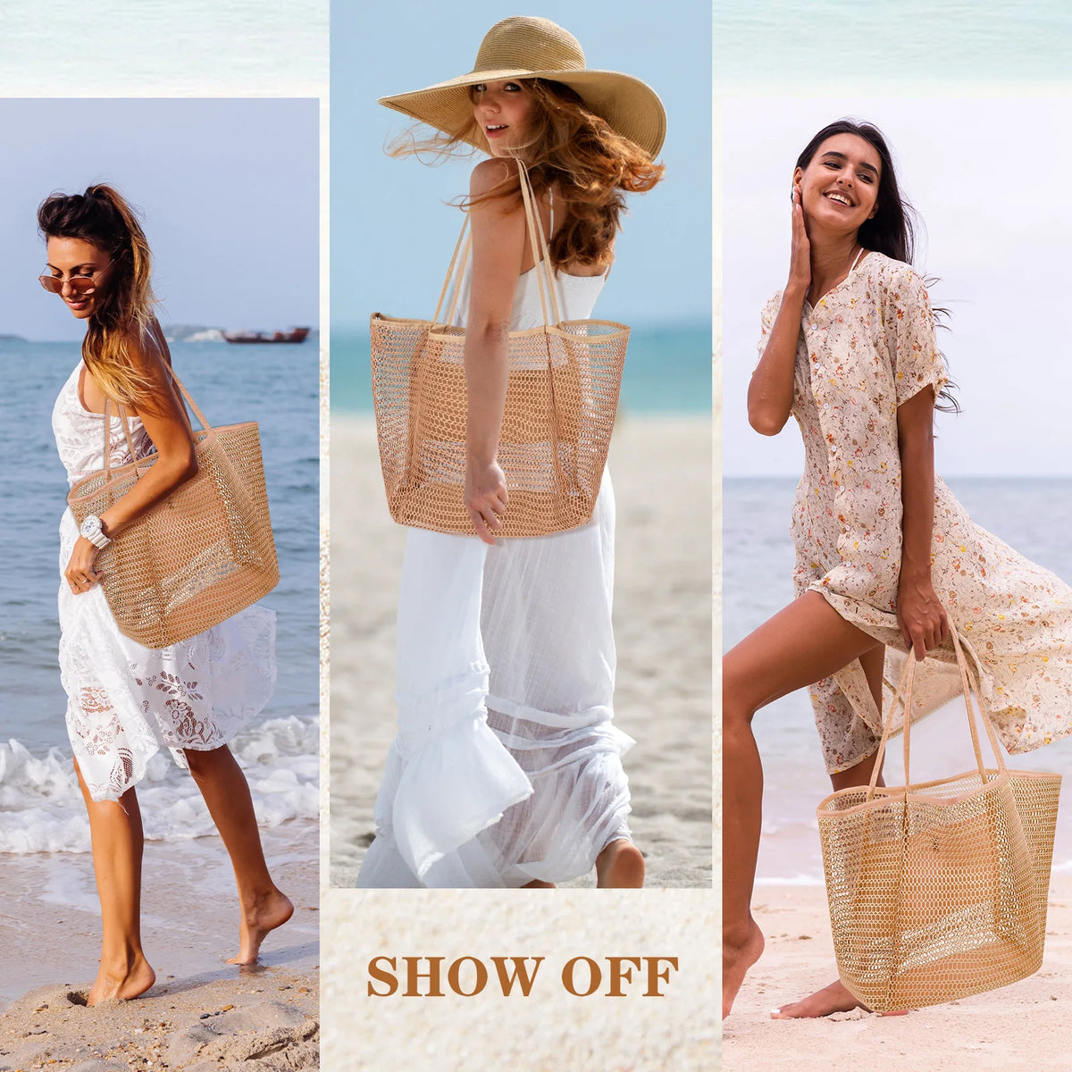 A woman models a woven mesh beach tote bag with woven shoulder straps on a sandy beach.