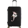 Black luggage with a pink floral letter J design and silver handle.