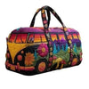 A colorful quilted travel duffle bag featuring a vibrant landscape design on the exterior.