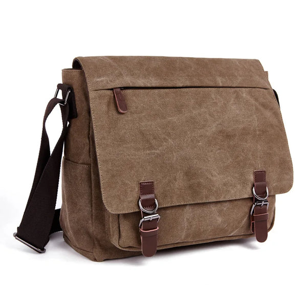 A brown vintage canvas laptop messenger bag with dark leather straps and buckles.