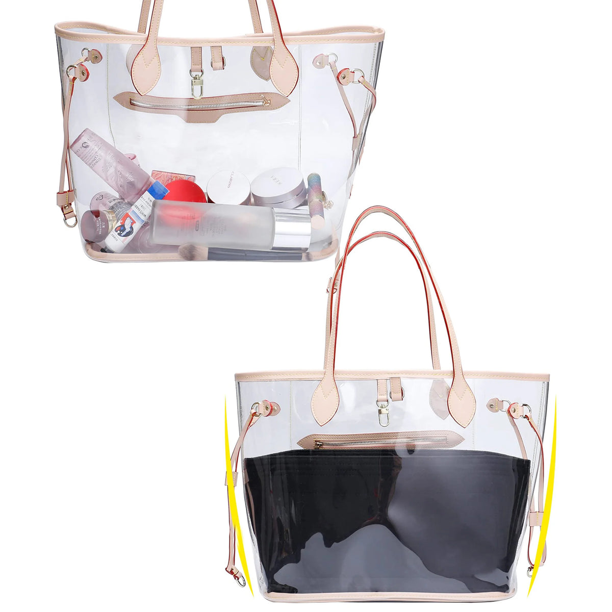 A clear felt purse organizer insert set with a black lining and rose gold hardware.