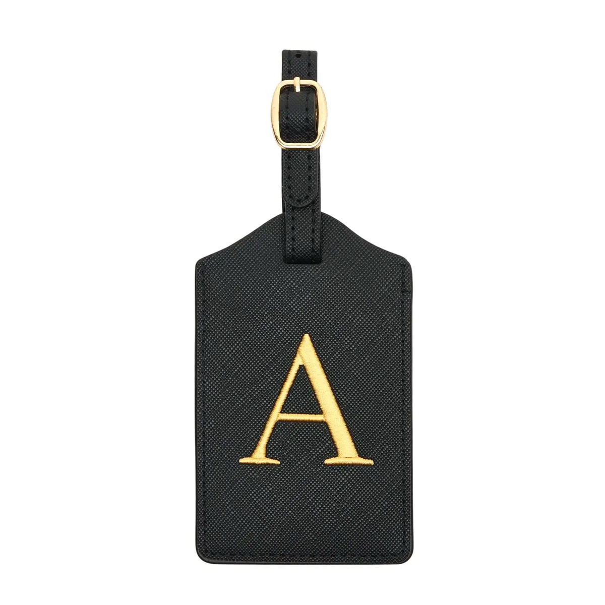 Black PU leather luggage tag with a gold letter A and a privacy cover.