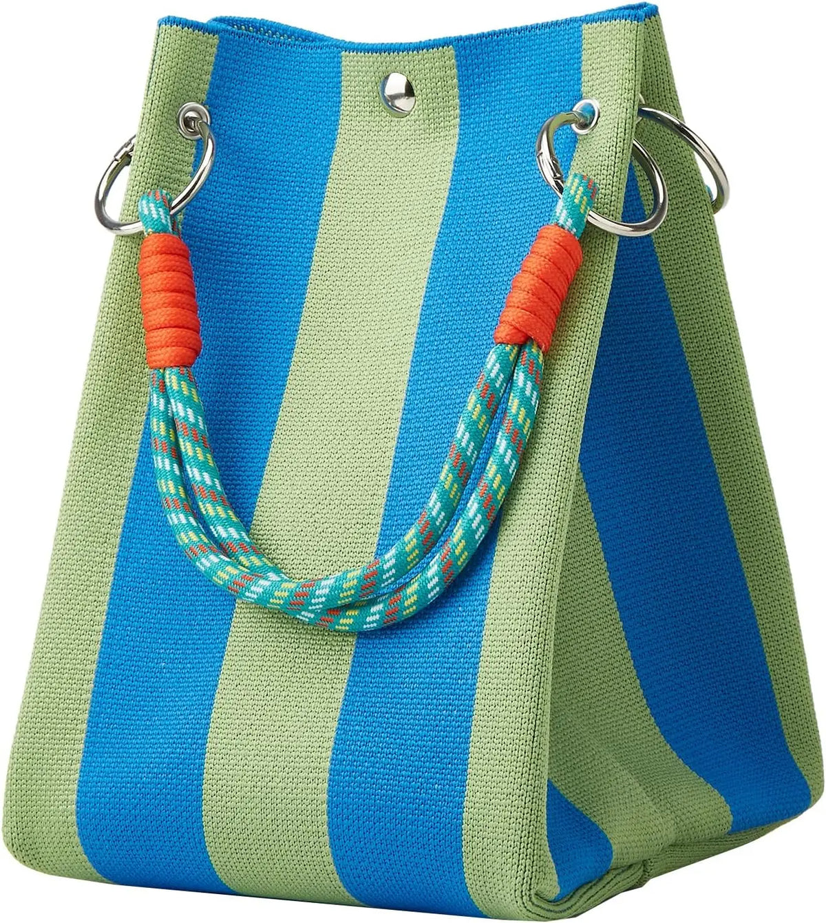 A striped knit bucket tote bag in blue and olive green with orange cord handles.