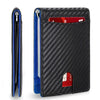 A black slim synthetic leather bifold wallet with a zipper and a red card slot.
